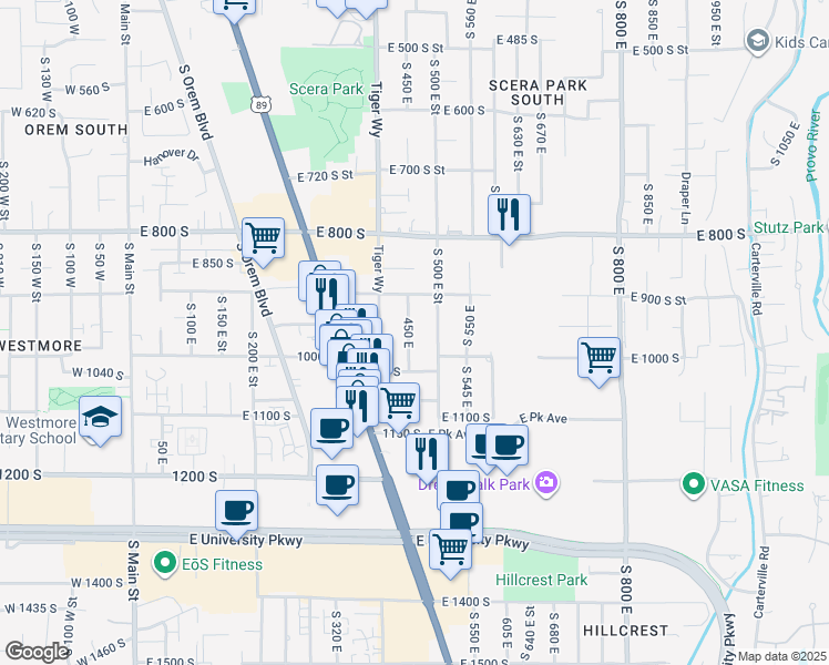 map of restaurants, bars, coffee shops, grocery stores, and more near 955 450 East in Orem