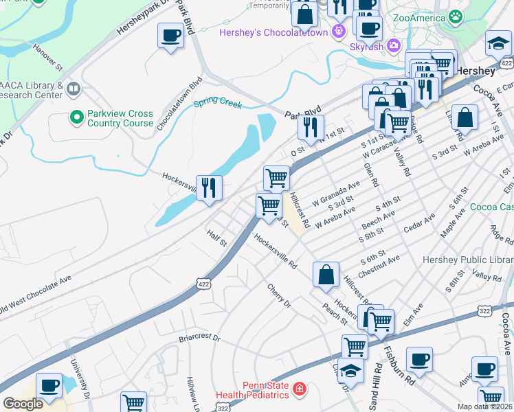 map of restaurants, bars, coffee shops, grocery stores, and more near 25 Duke Street in Hershey