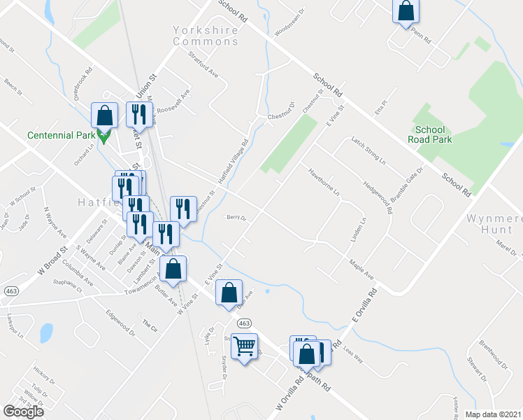 map of restaurants, bars, coffee shops, grocery stores, and more near 1901 Maple Avenue in Hatfield