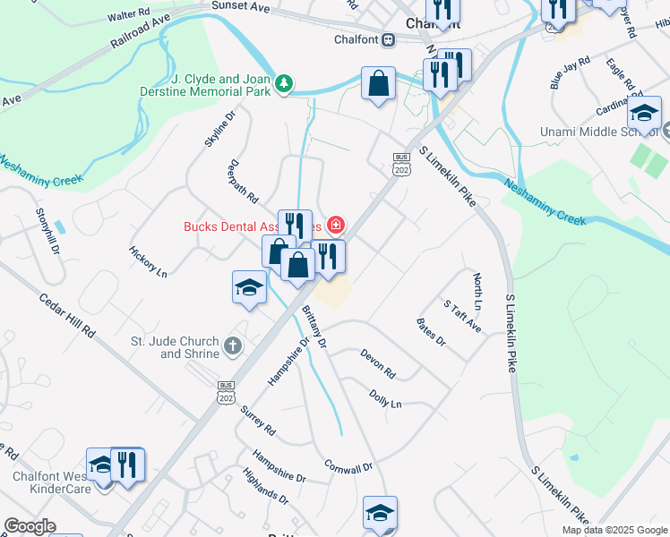 map of restaurants, bars, coffee shops, grocery stores, and more near 220 West Butler Avenue in Chalfont