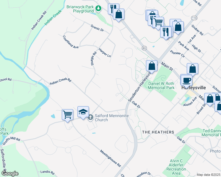 map of restaurants, bars, coffee shops, grocery stores, and more near 631 Freedom Way in Harleysville