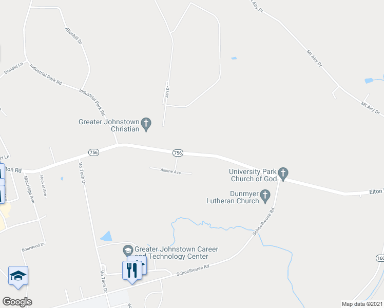 map of restaurants, bars, coffee shops, grocery stores, and more near 3660 Elton Road in Johnstown
