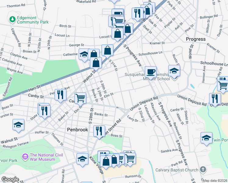 map of restaurants, bars, coffee shops, grocery stores, and more near 3008 Elm Street in Harrisburg