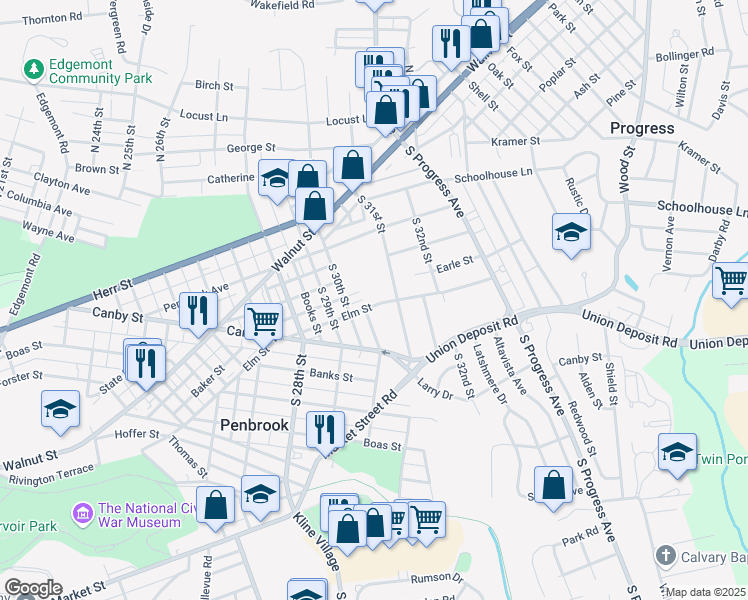 map of restaurants, bars, coffee shops, grocery stores, and more near 3008 Elm Street in Harrisburg
