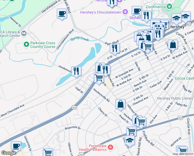 map of restaurants, bars, coffee shops, grocery stores, and more near 603 West Chocolate Avenue in Hershey