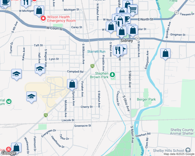 map of restaurants, bars, coffee shops, grocery stores, and more near 609 South Walnut Avenue in Sidney