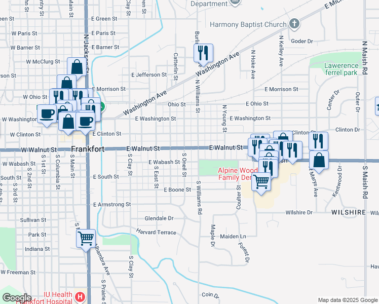 map of restaurants, bars, coffee shops, grocery stores, and more near 909 E Walnut St in Frankfort