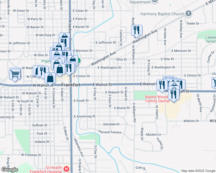 map of restaurants, bars, coffee shops, grocery stores, and more near 206 South East Street in Frankfort