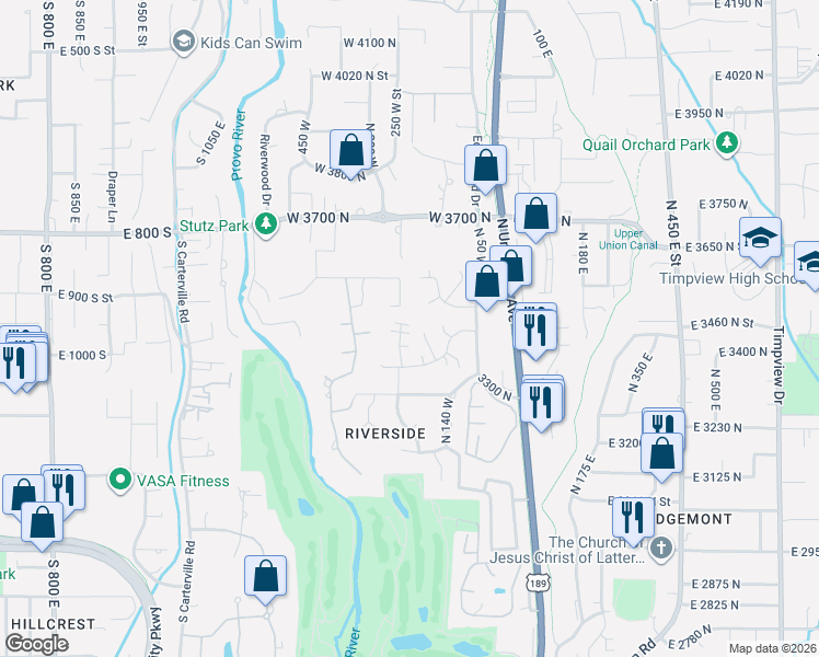 map of restaurants, bars, coffee shops, grocery stores, and more near 3488 130 West in Provo