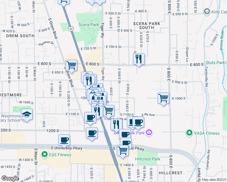 map of restaurants, bars, coffee shops, grocery stores, and more near 955 450 East in Orem