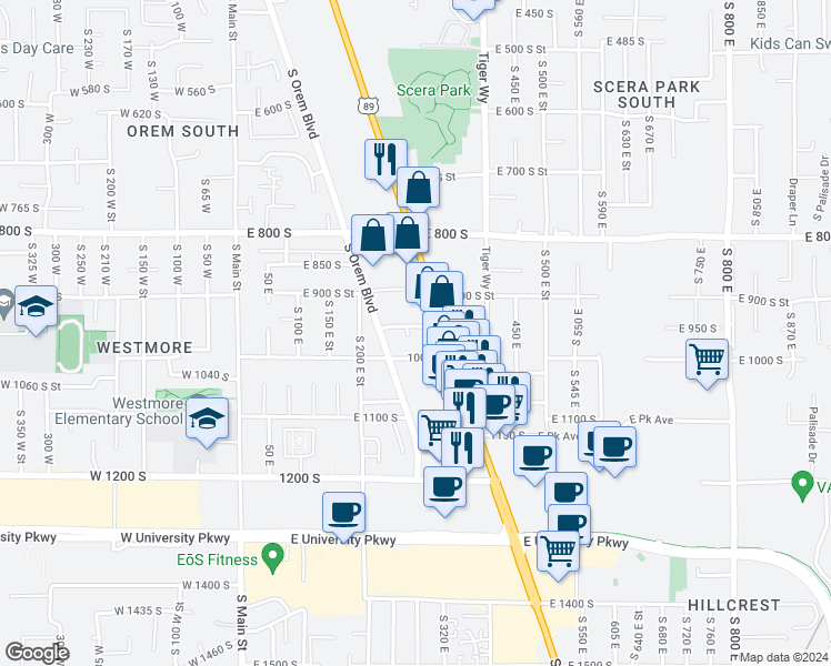 map of restaurants, bars, coffee shops, grocery stores, and more near 292 East 950 South Street in Orem