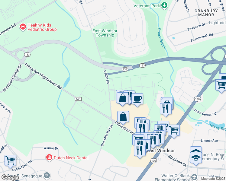 map of restaurants, bars, coffee shops, grocery stores, and more near 102 The Orchards in East Windsor