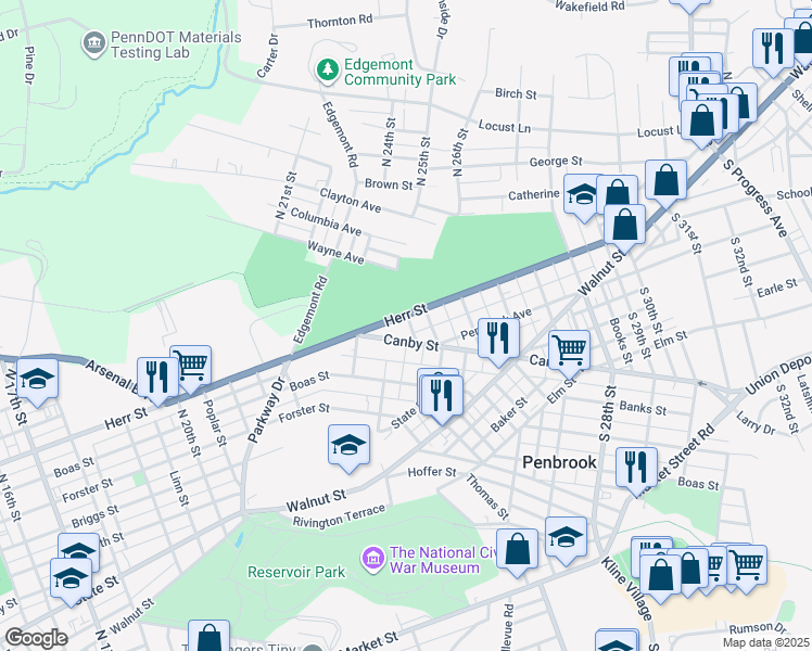 map of restaurants, bars, coffee shops, grocery stores, and more near 2319 Herr Street in Harrisburg