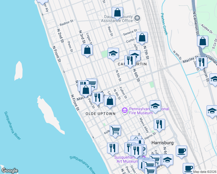 map of restaurants, bars, coffee shops, grocery stores, and more near in Harrisburg