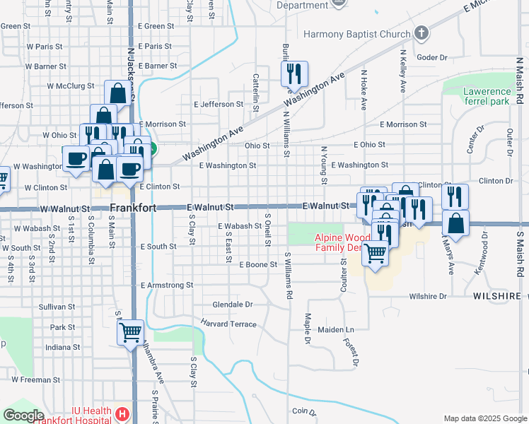 map of restaurants, bars, coffee shops, grocery stores, and more near 909 East Walnut Street in Frankfort