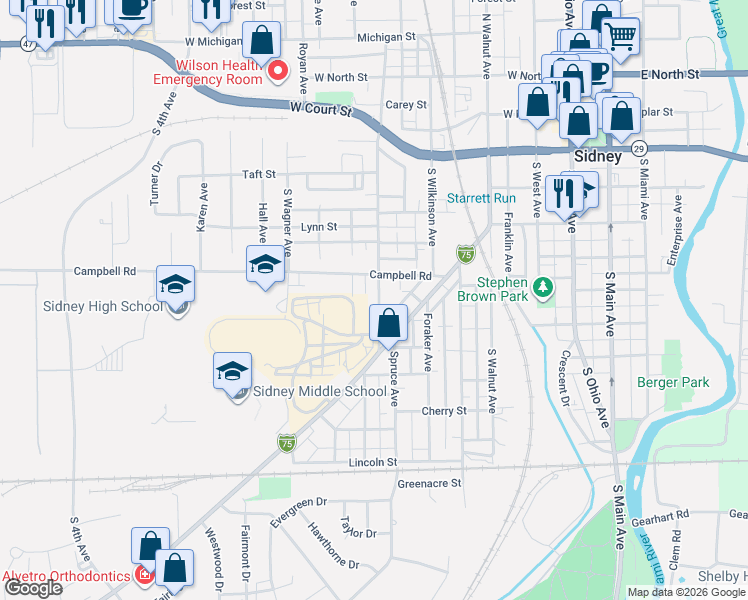 map of restaurants, bars, coffee shops, grocery stores, and more near 625 South Highland Avenue in Sidney