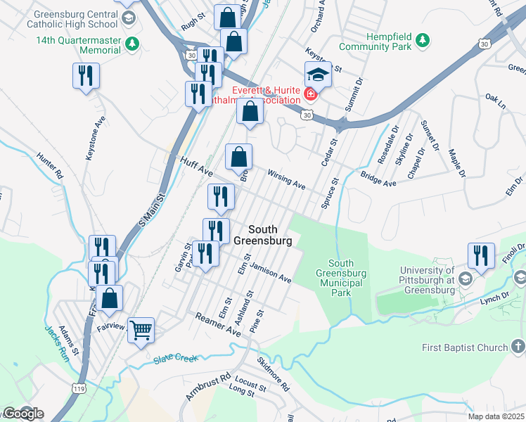 map of restaurants, bars, coffee shops, grocery stores, and more near 1316R Elm Street in Greensburg