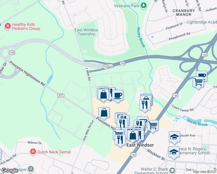 map of restaurants, bars, coffee shops, grocery stores, and more near 117 The Orchards in East Windsor