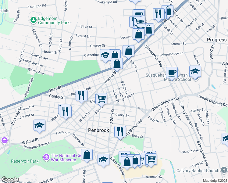 map of restaurants, bars, coffee shops, grocery stores, and more near 2831 Booser Street in Harrisburg