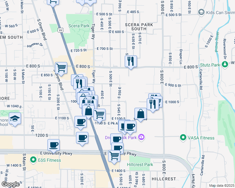 map of restaurants, bars, coffee shops, grocery stores, and more near 960 South 550 East in Orem