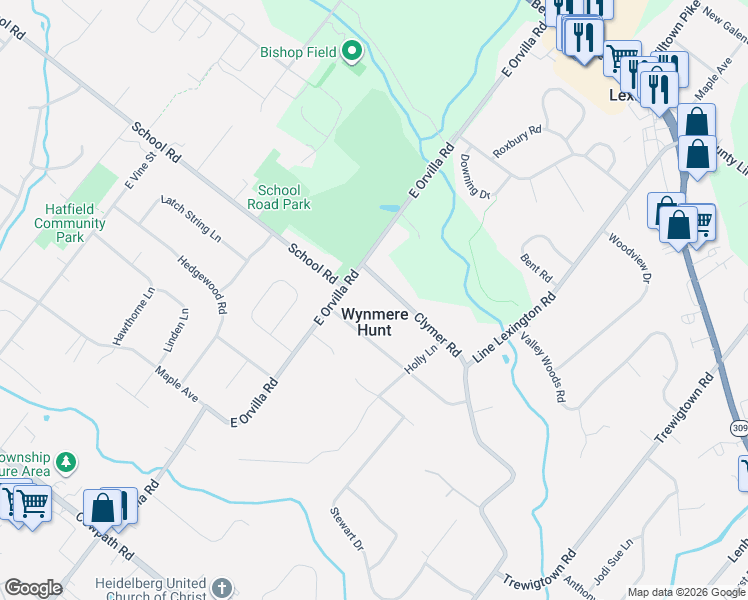 map of restaurants, bars, coffee shops, grocery stores, and more near 2711 East Orvilla Road in Hatfield