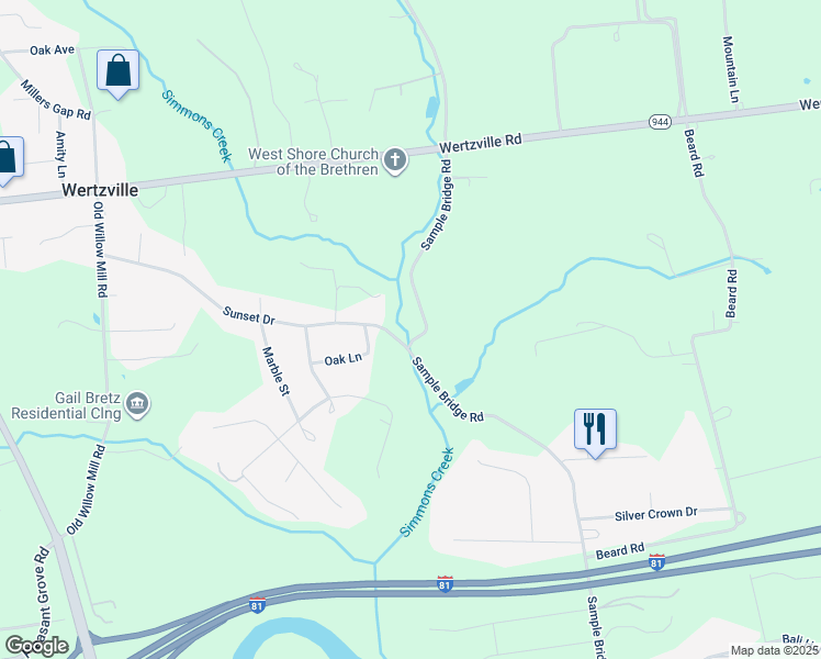 map of restaurants, bars, coffee shops, grocery stores, and more near 305 Sample Bridge Road in Mechanicsburg