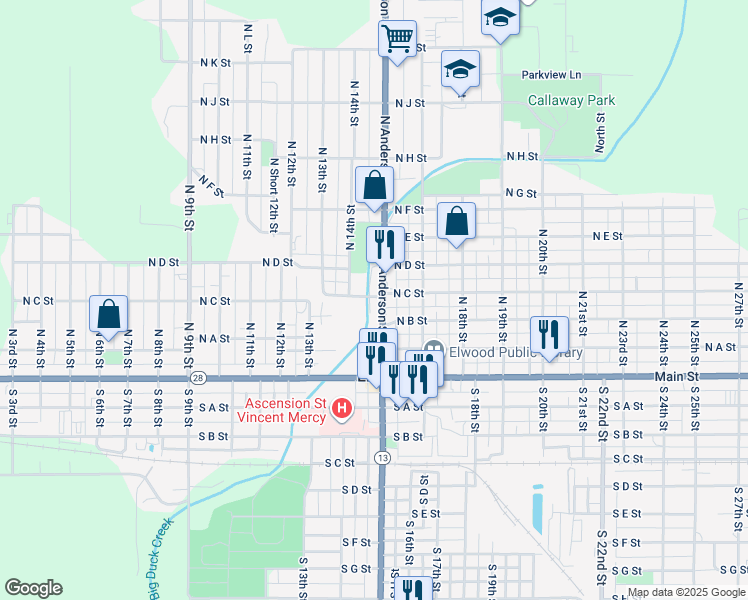 map of restaurants, bars, coffee shops, grocery stores, and more near 322 North Anderson Street in Elwood