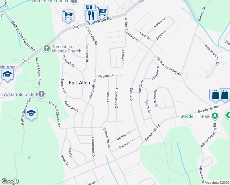 map of restaurants, bars, coffee shops, grocery stores, and more near 118 Tippecanoe Drive in Greensburg