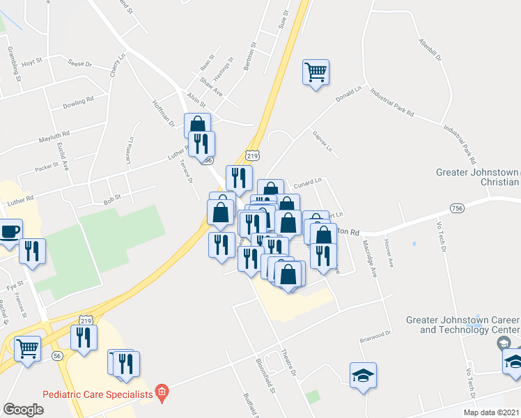 map of restaurants, bars, coffee shops, grocery stores, and more near 100 Penmar Lane in Johnstown