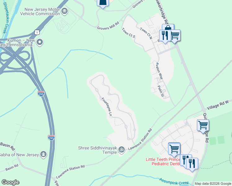 map of restaurants, bars, coffee shops, grocery stores, and more near 90 Fountayne Lane in Lawrence Township