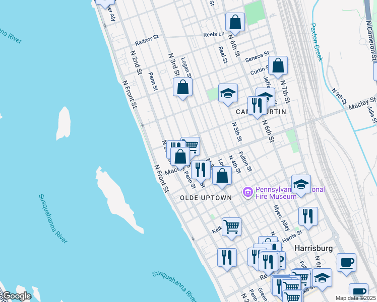 map of restaurants, bars, coffee shops, grocery stores, and more near 2127 Green Street in Harrisburg