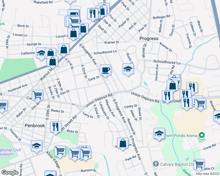 map of restaurants, bars, coffee shops, grocery stores, and more near 318 South Progress Avenue in Harrisburg