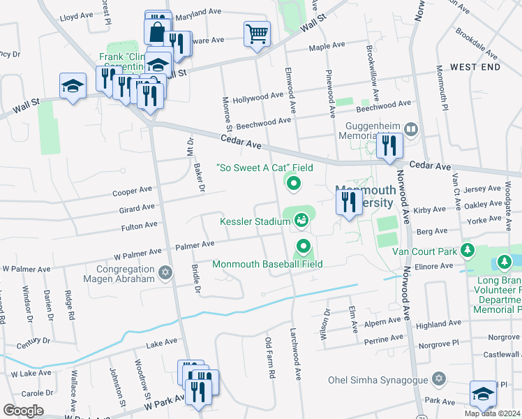 map of restaurants, bars, coffee shops, grocery stores, and more near 11 Woodland Drive in West Long Branch