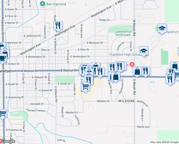 map of restaurants, bars, coffee shops, grocery stores, and more near 1557 East Walnut Street in Frankfort