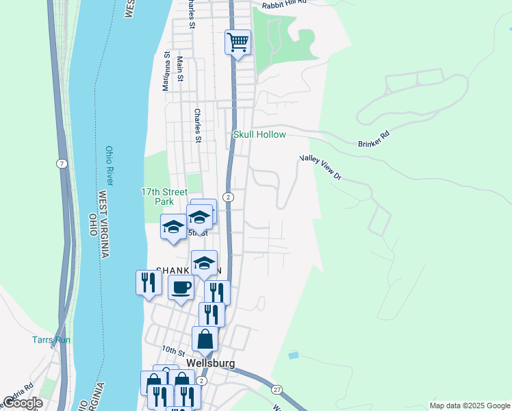 map of restaurants, bars, coffee shops, grocery stores, and more near 1606 Pleasant Avenue in Wellsburg
