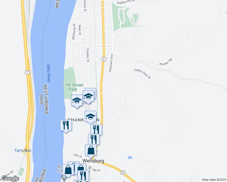 map of restaurants, bars, coffee shops, grocery stores, and more near 1606 Pleasant Avenue in Wellsburg