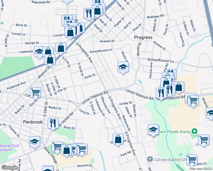 map of restaurants, bars, coffee shops, grocery stores, and more near 318 South Progress Avenue in Harrisburg