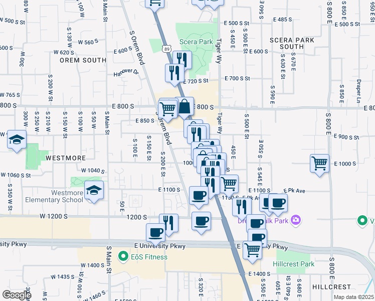 map of restaurants, bars, coffee shops, grocery stores, and more near 292 East 950 South Street in Orem