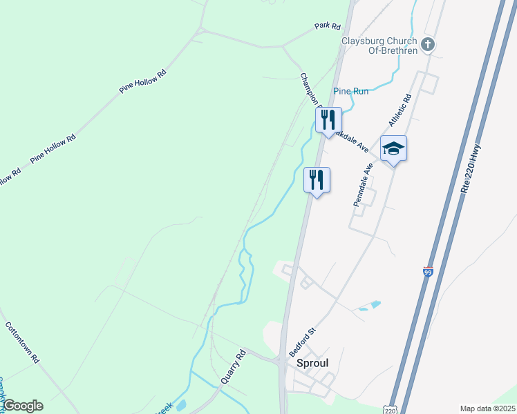 map of restaurants, bars, coffee shops, grocery stores, and more near Metzgar Lane in Claysburg