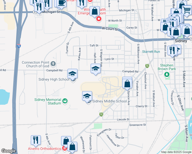 map of restaurants, bars, coffee shops, grocery stores, and more near 901 Campbell Road in Sidney