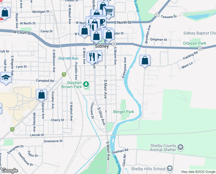 map of restaurants, bars, coffee shops, grocery stores, and more near 606 South Main Avenue in Sidney
