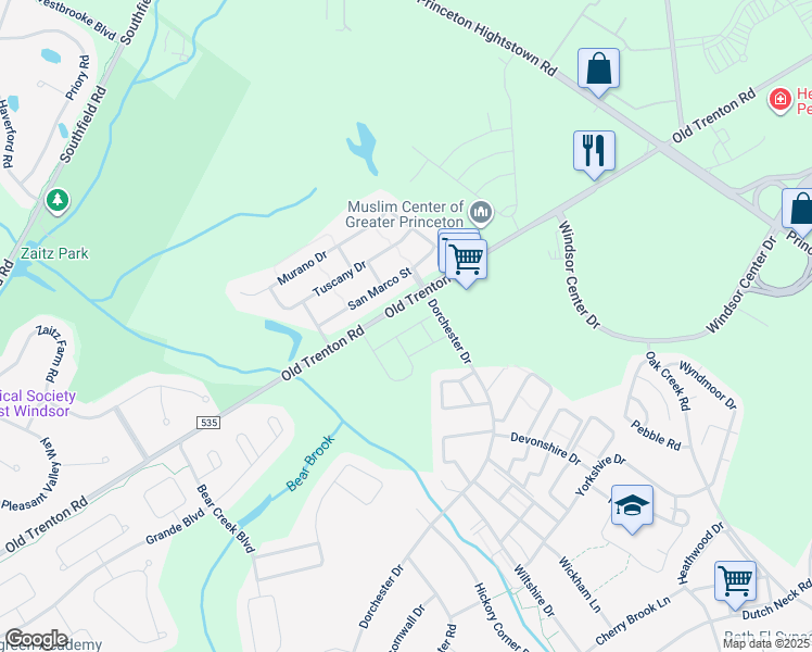 map of restaurants, bars, coffee shops, grocery stores, and more near 19 Cooper Court in West Windsor Township