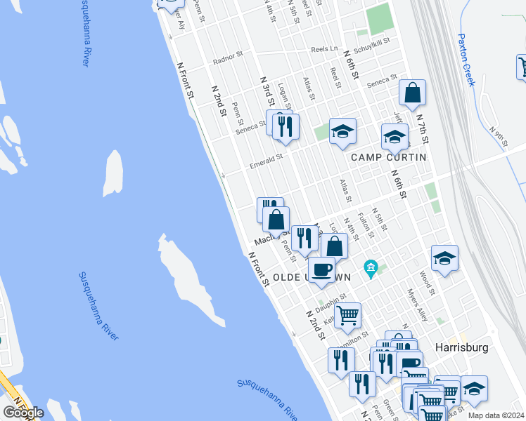 map of restaurants, bars, coffee shops, grocery stores, and more near 2141 North 2nd Street in Harrisburg