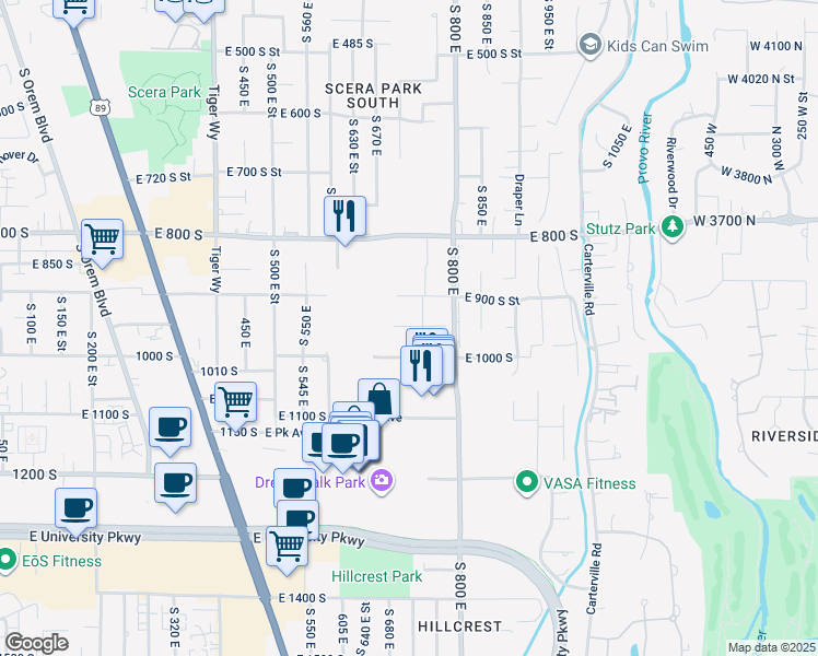 map of restaurants, bars, coffee shops, grocery stores, and more near 730 East 950 South in Orem