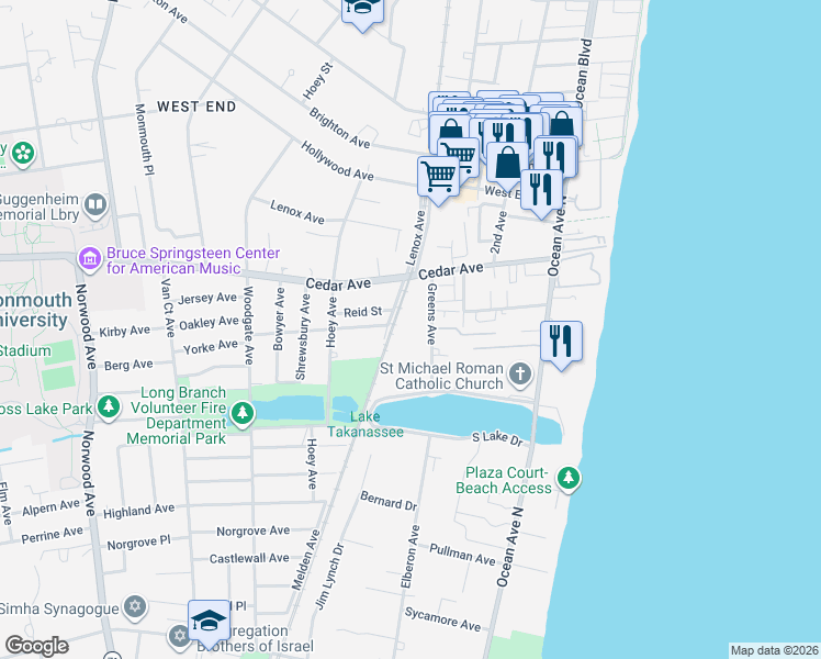 map of restaurants, bars, coffee shops, grocery stores, and more near 746 Greens Avenue in Long Branch