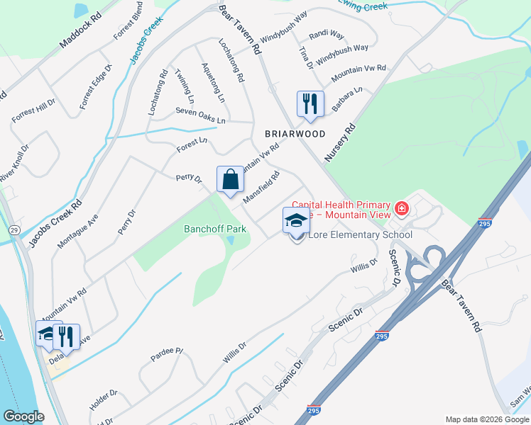 map of restaurants, bars, coffee shops, grocery stores, and more near 11 Bedford Drive in Ewing Township