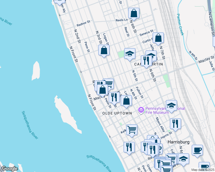 map of restaurants, bars, coffee shops, grocery stores, and more near 2127 Green Street in Harrisburg