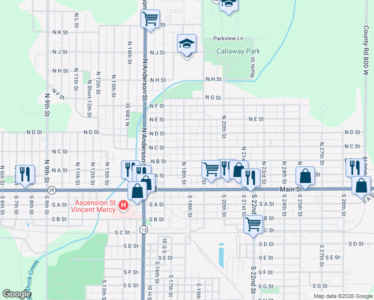 map of restaurants, bars, coffee shops, grocery stores, and more near 1819 North C Street in Elwood