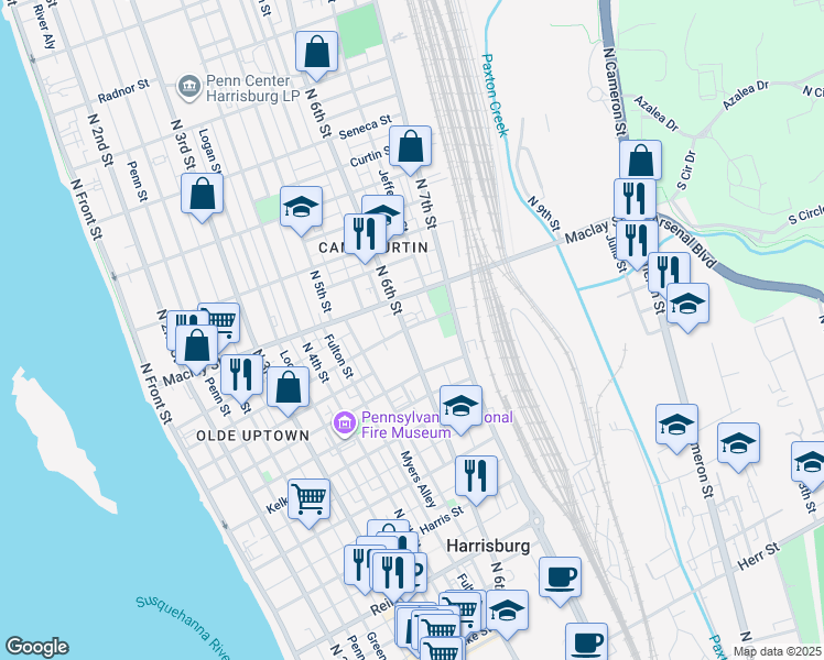 map of restaurants, bars, coffee shops, grocery stores, and more near 1945 North 6th Street in Harrisburg
