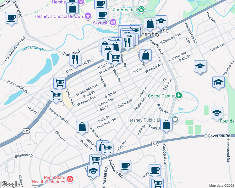 map of restaurants, bars, coffee shops, grocery stores, and more near 325 Beech Avenue in Hershey